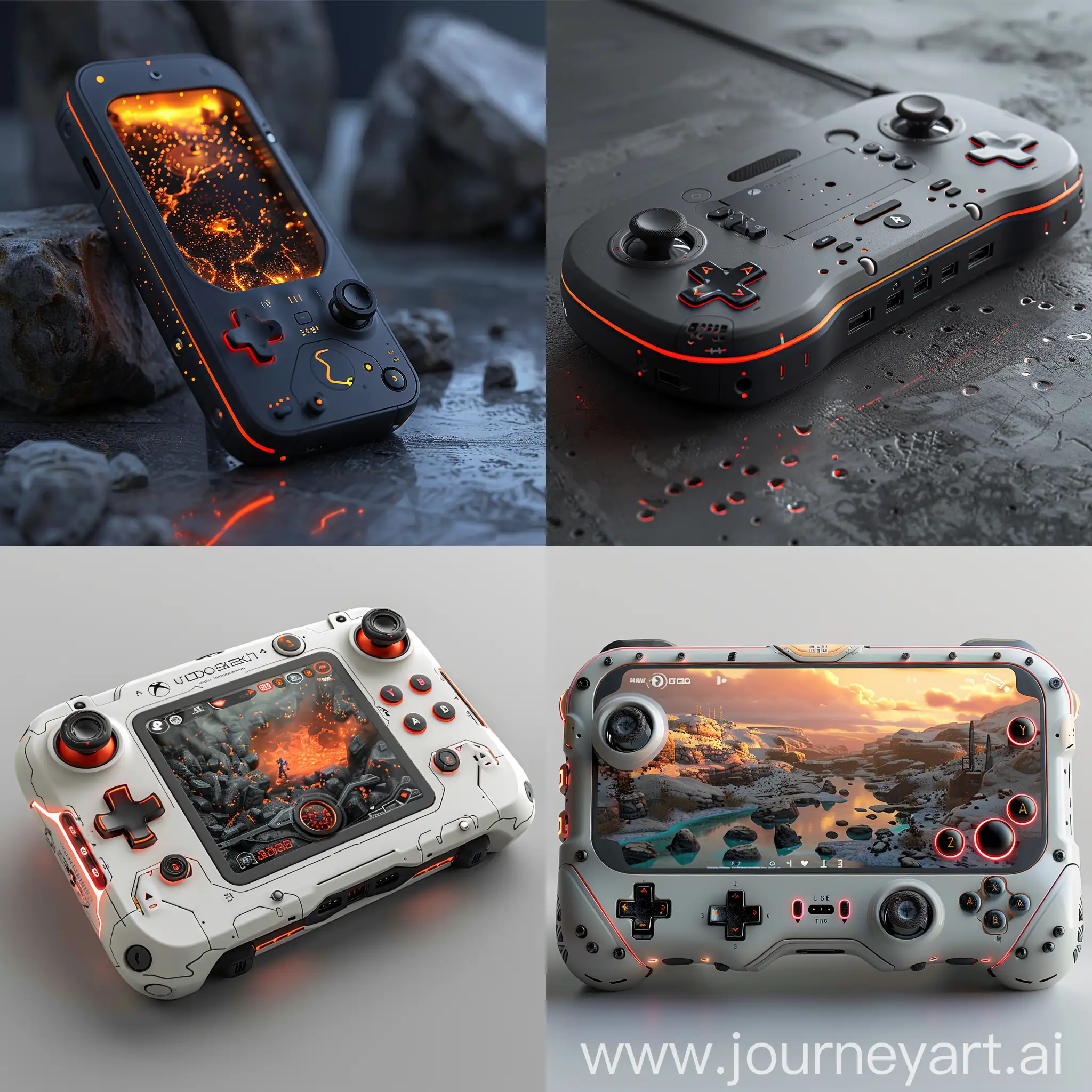 Futuristic portable gaming console, shapeshifting, AR/VR integration, ultra-thin and light, cloud-powered, AI-powered performance, neural haptic feedback, brain-computer interface, environmental simulation, self-charging, social features, cross-reality gaming, octane render --stylize 1000