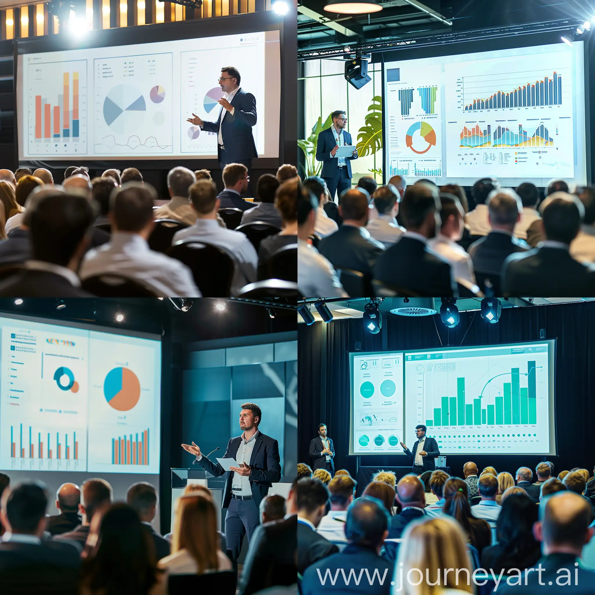 a conference room, a lot of business people in the hall, a 40-year-old male speaker on stage shows a presentation on the screen, graphics on the screen.