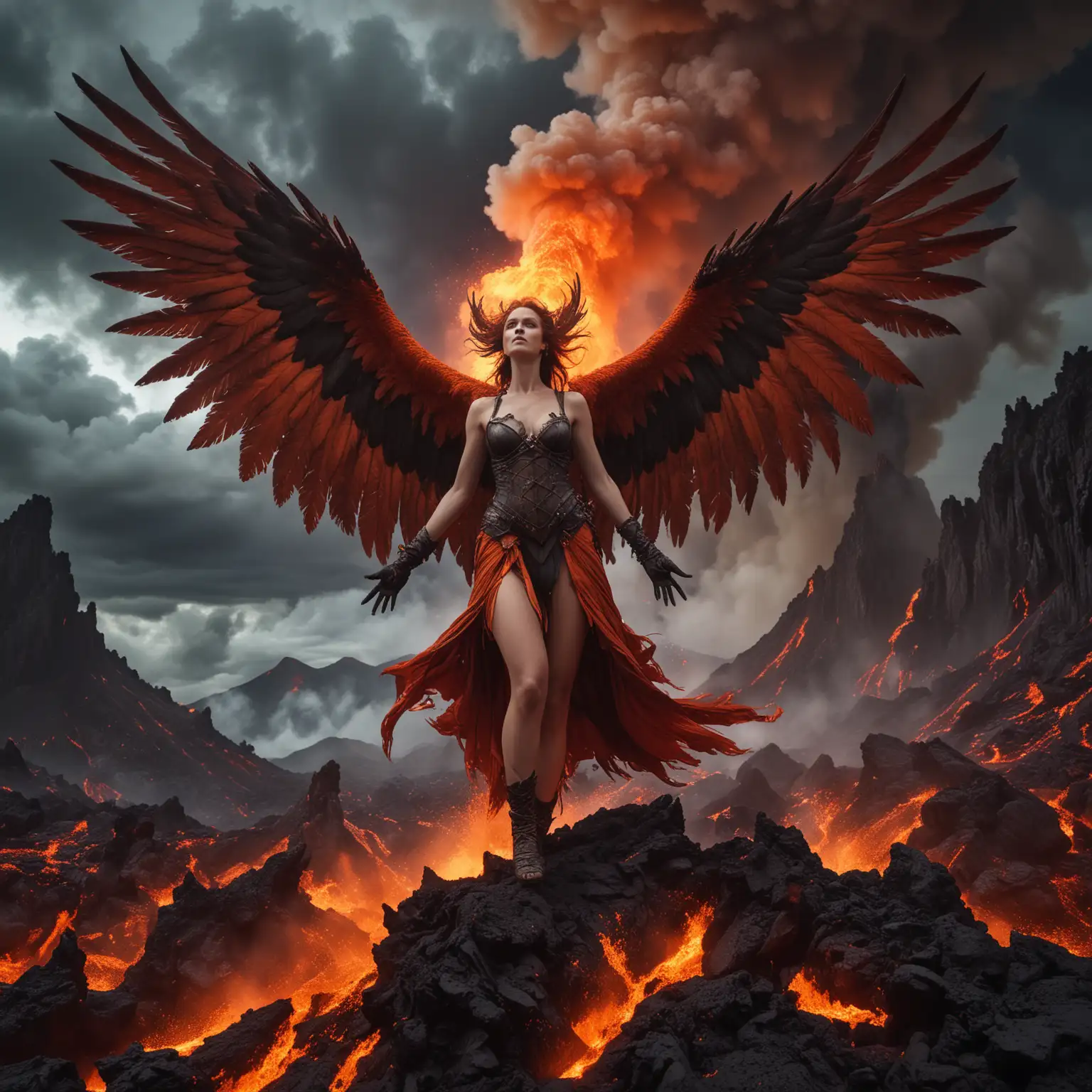 A capriciously enchanting women harpy, her feathered wings ablaze with vivid hues, contrasting against the dark, foreboding sky. Her colossal talons, sharp as daggers, hint at the danger she poses, poised for action mid-flight. She emerges from the depths of a fiery volcano, surrounded by billowing smoke and molten lava, evoking a sense of primal power and chaos. Photo taken by Tim Walker with a Fujifilm GFX 100S and a fisheye lens. Award Winning Photography style, Volcanic Eruption Lighting, 8K, Ultra-HD, Super-Resolution. --v 5 --q 2