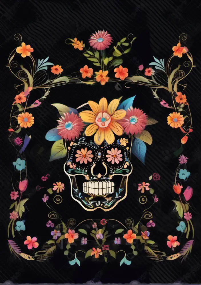 Colorful Sugar Skull Surrounded by Vibrant Flowers and Ornate Border