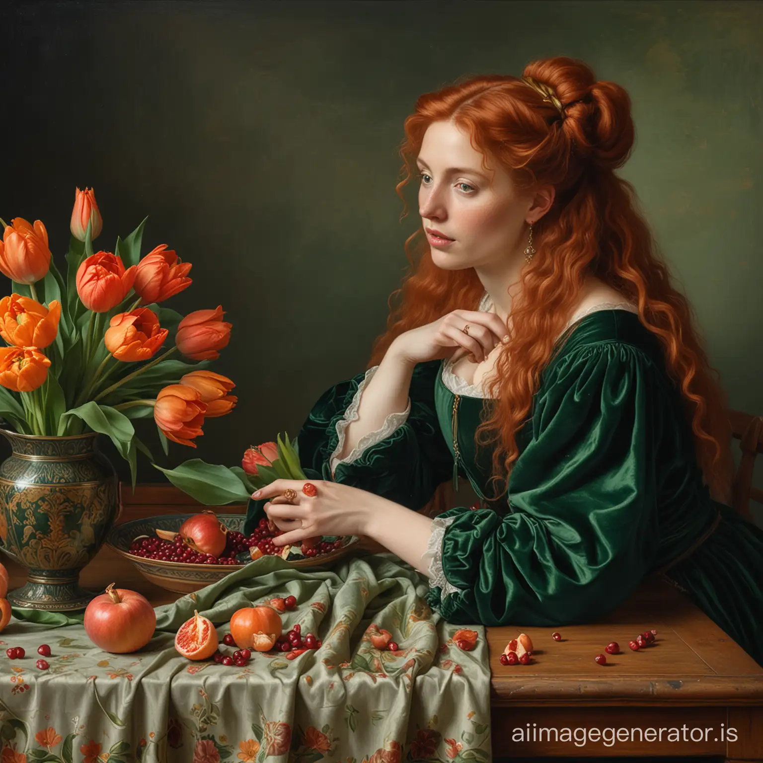 A masterpiece of Pre-Raphaelite painting, a large red-haired woman of about 40 with large features, thick lips, hair tied at the back of her head, hands are depicted perfectly, in a dark green velvet dress sits at a small table, in front of her on the table lies a bouquet of tulips, orange, pomegranate, complex dramatic lighting, oil on canvas, brush strokes, Pre-Raphaelite painting