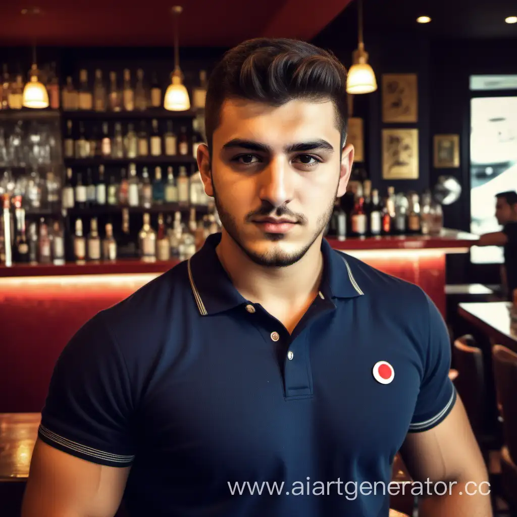 Handsome burly beefy turkish 20-year-old man in polo in a bar