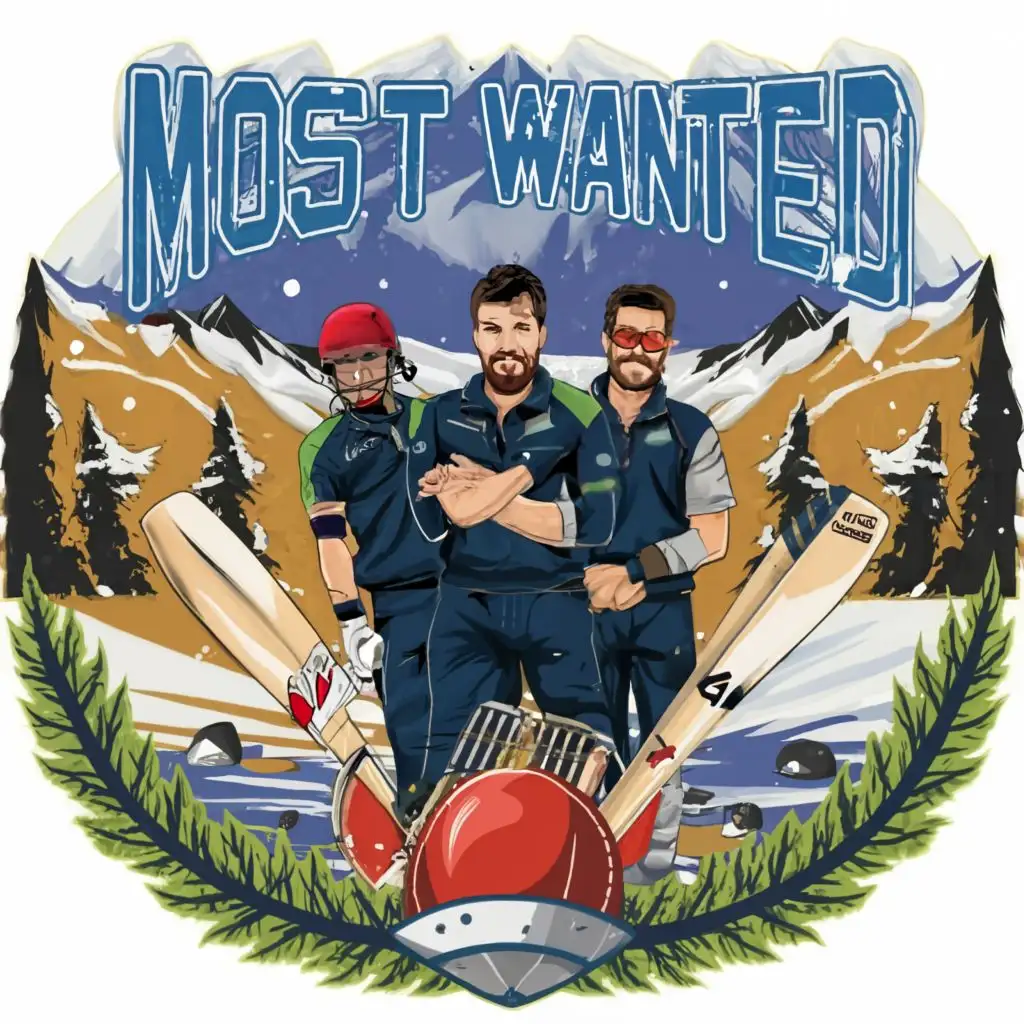 Create a Cricket Team Logo With the name "MOST WANTED", Players wearing dark blue color jersey holding cricket bat and ball wearing coolers, in the snowy mountain background.