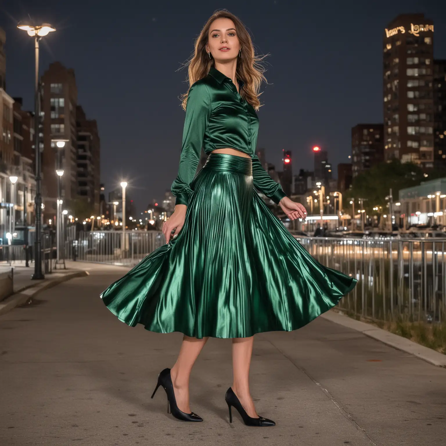 Elegant Woman in Metallic Gray Skirt and Green Blouse at Night