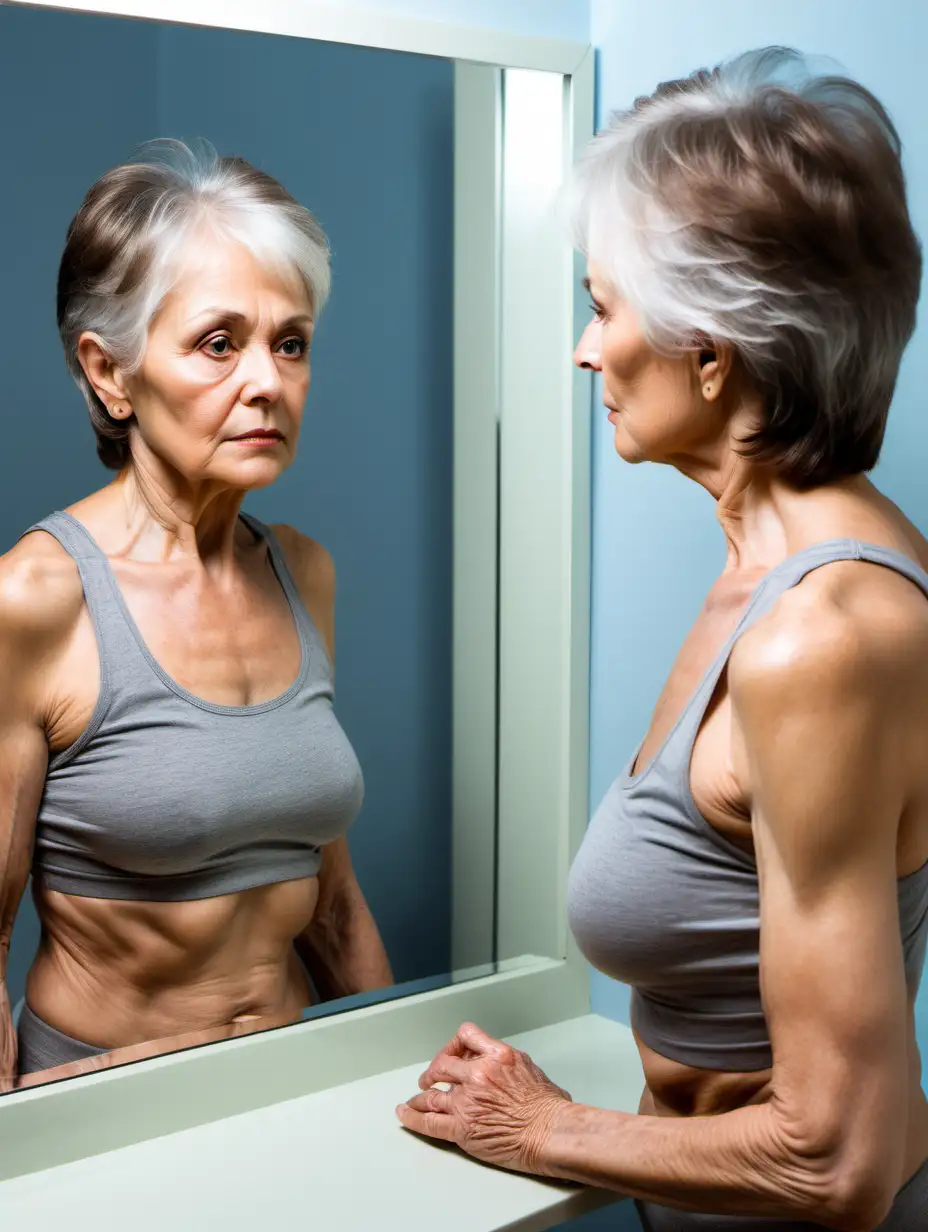 lady in her 60s that is healthy and fit looking in mirror at reflection. She is healthy looking but looks sad. Show fit body