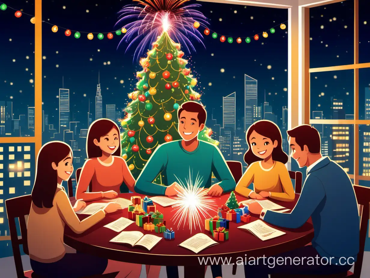 На картинке изображена семья, сидящая за столом в кругу. На столе стоит новогодняя елка, украшенная гирляндами и игрушками. Над столом висит фейерверк.  На заднем фоне изображены городские огни.  Надпись на картинке: "С Новым годом! Желаем вам крепкого здоровья, семейного благополучия, успехов в бизнесе и новых свершений!"