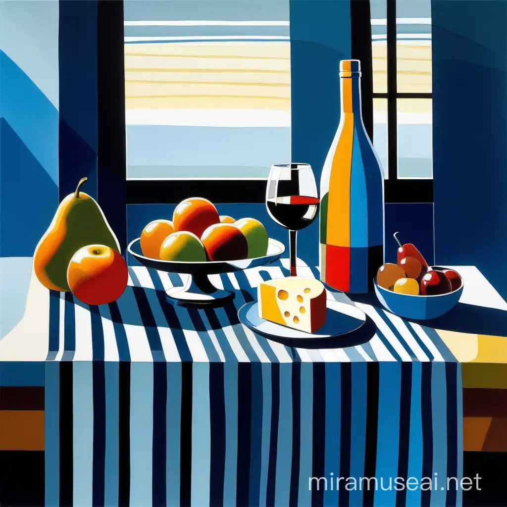 Abstract, modern art still life, minimalistic, simple shapes, large stokes. Bottle of wine, cheese, fruit on blue striped tablecloth, sun coming in through window. In style of picasso and Thomas W. Schaller..