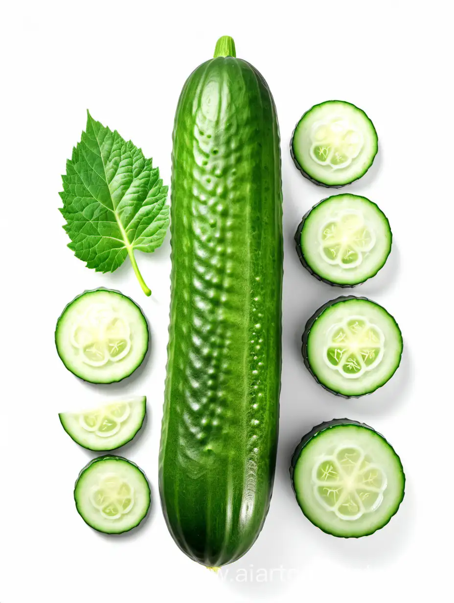  Cucumber with slices and green leaves on white background