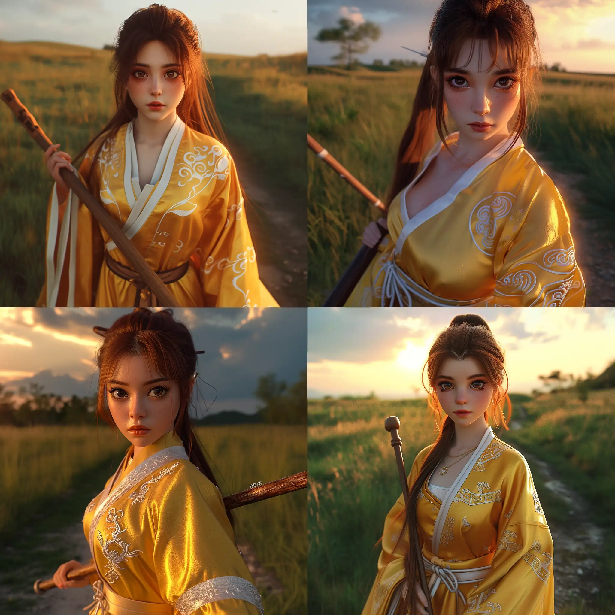 Stunning-Asian-Warrior-Woman-in-Silky-Yellow-Robe-Holding-Wooden-Staff