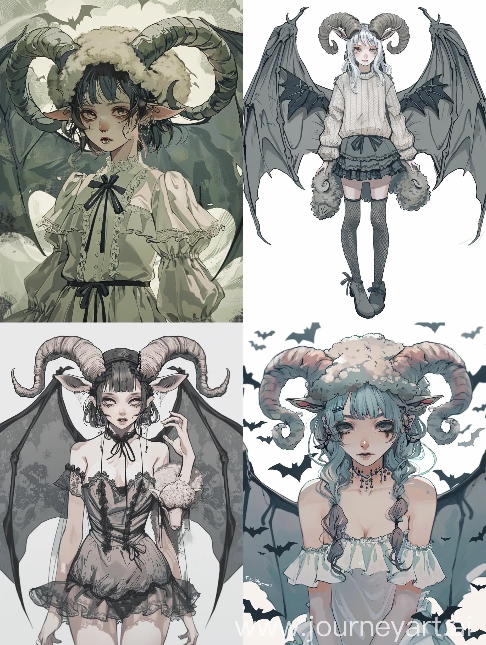 character design, anime girl, sheep horns, bat wings