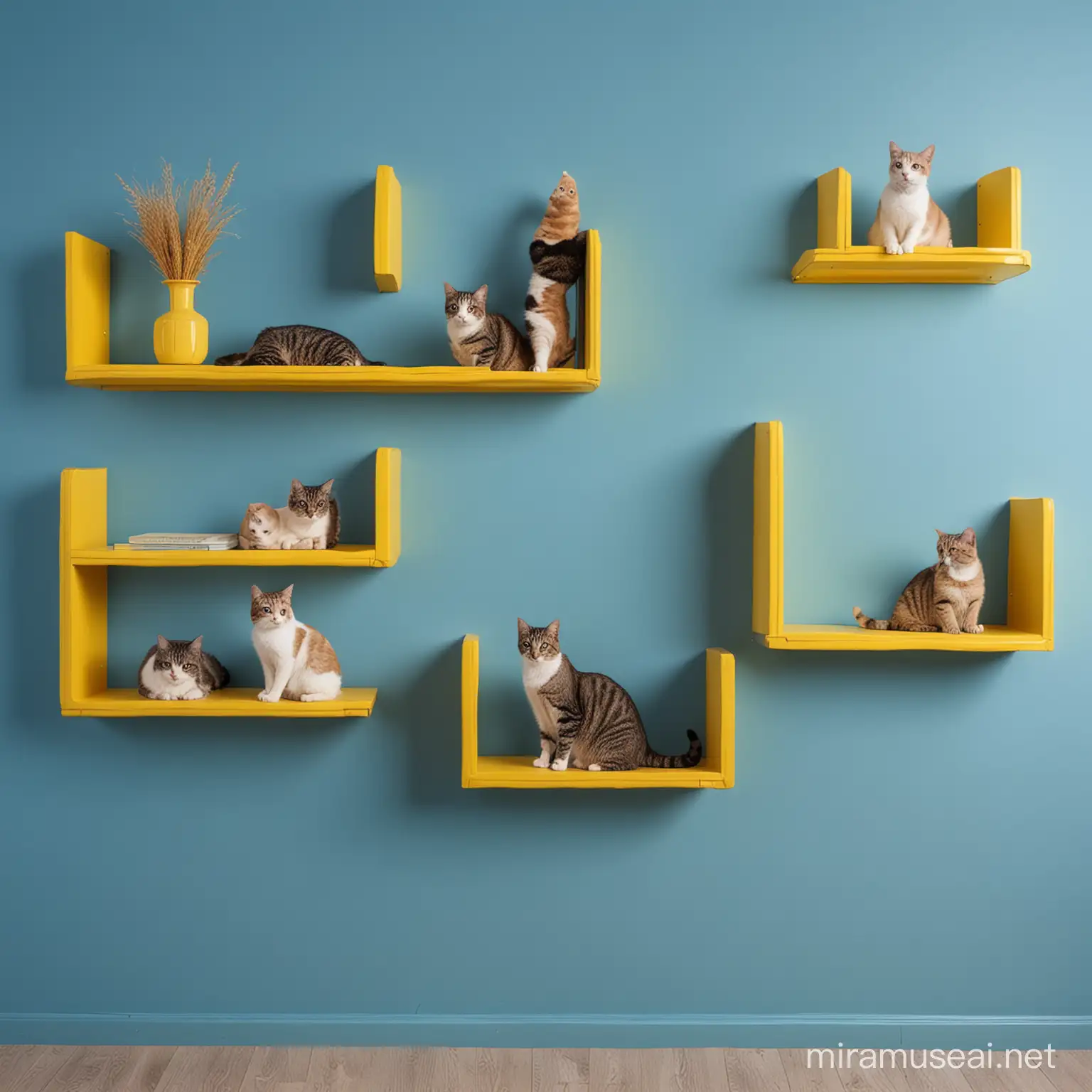 Three Cats Perched on Sunny Yellow Shelves Against a Vivid Blue Wall