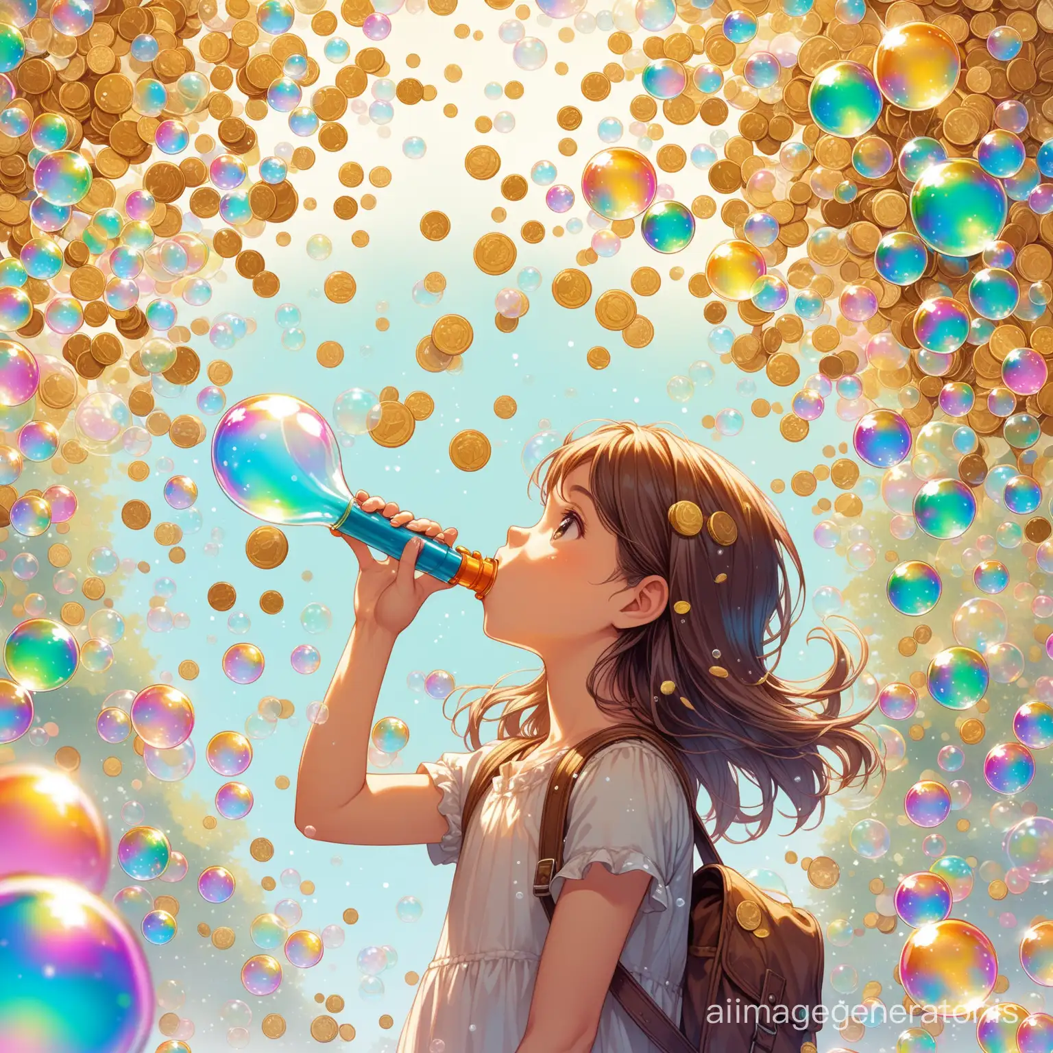 a girl plays with a bubble blower and the bubbles slowly transformed to coins high details with a lot of bubbles and coins and detailed nostalgic bubble blower