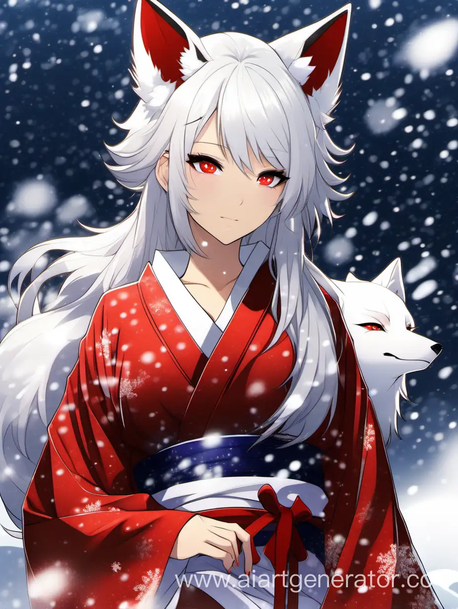 Woman with white hair, red eyes, white fox ears, gorgeous smug face, beautiful hot body, red small revealing kimono, full body shot, Japan, snow, sparkle, sexy vibe