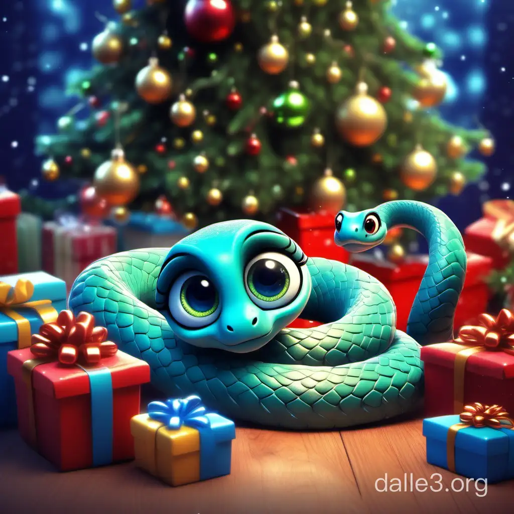 Милая маленькая змея с большими голубыми глазами, улыбающаяся. лежит возле новогодней нарядной елки. Вокруг новогодние подарки. Стиль пиксар. Высокое качество изображения, детализация