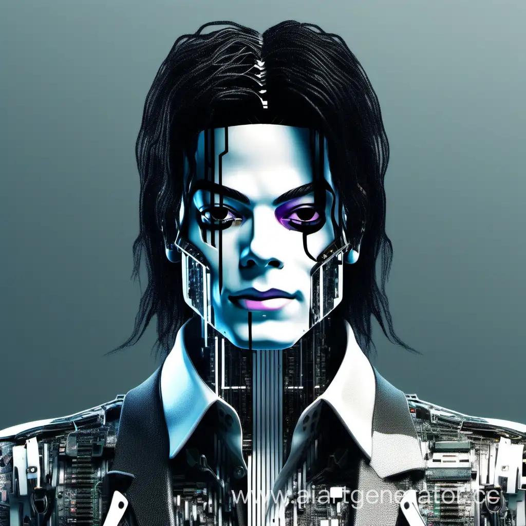 glitch cyberpunk artificial intelligence Michael Jackson with white face and black hair, very thin and young face