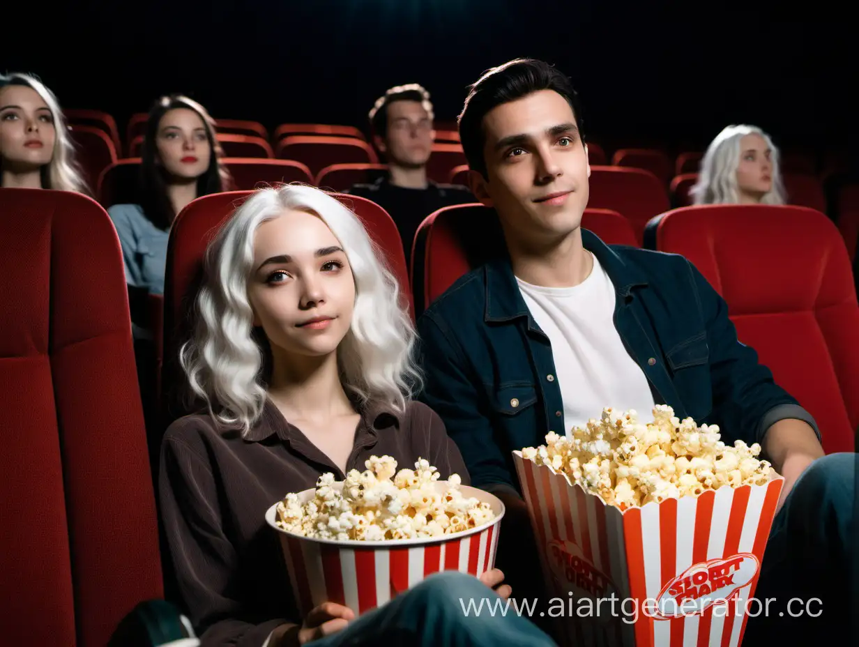 парень с короткой стрижкой тёмного цвета, девушка с длинные белыми волосами сидят с попкорном в кинотеатре