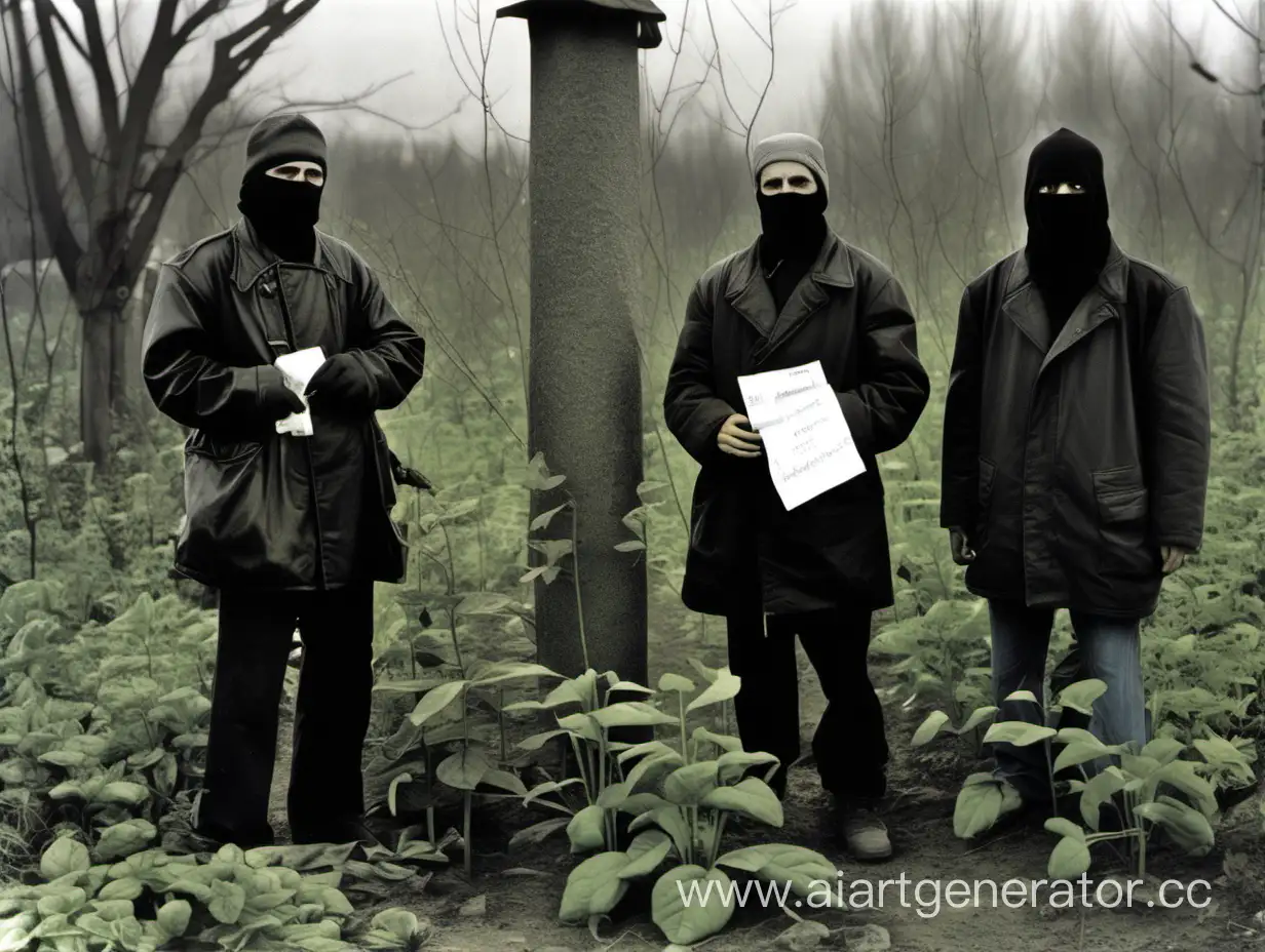 Анархист, пацефист и российский бандит из 90-х стоят у грядки с грустным видом с пачками семян "Подписи Надеждина"