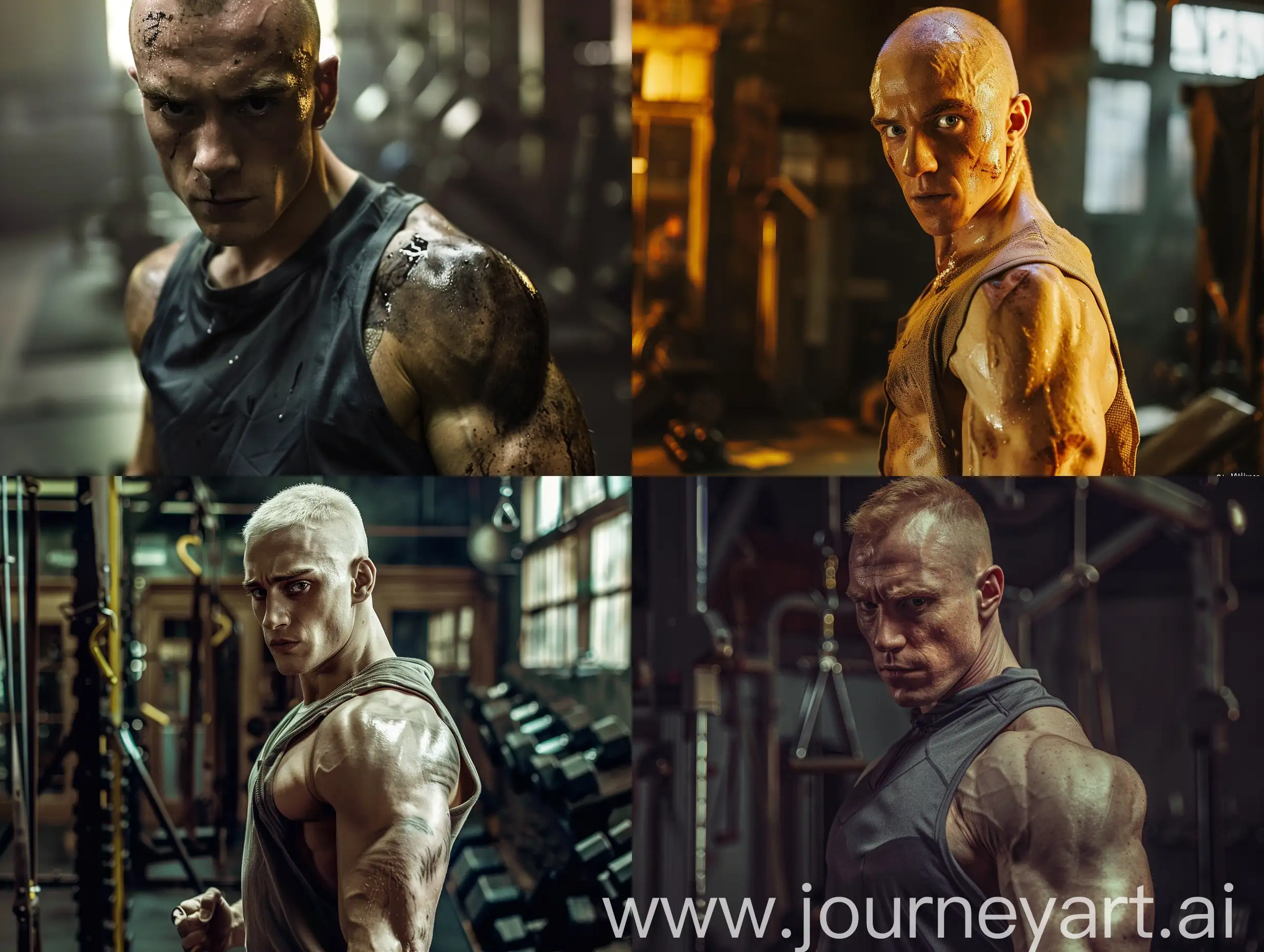 Draco Malfoy character from Harry Potter movie,
with a fit and muscular body, in Sleeveless shirt sportswear, doing exercise, half body, look at the camera, The background of the wizards gym, realistic, cinematic lighting, q2