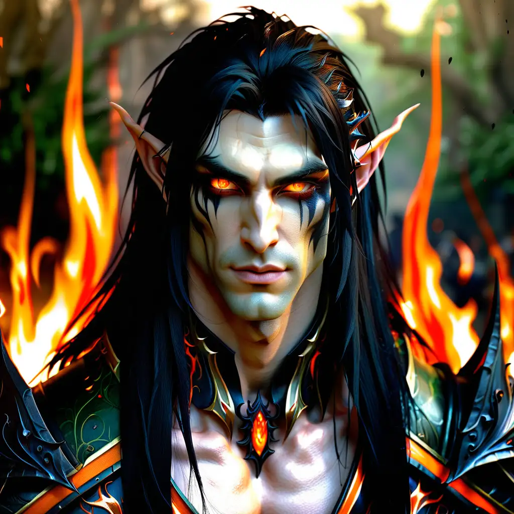 Seductive Male Blood Elf with Fiery Aura and Sinister Beauty