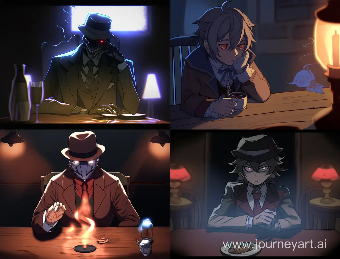 Детектив сидит во мраке за столом с обожжонным лицом