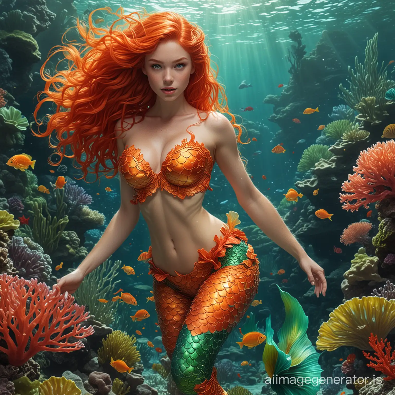 A ginger mermaid has a red tail with green veins her crop bustier was red orange and she was swimming between the corals