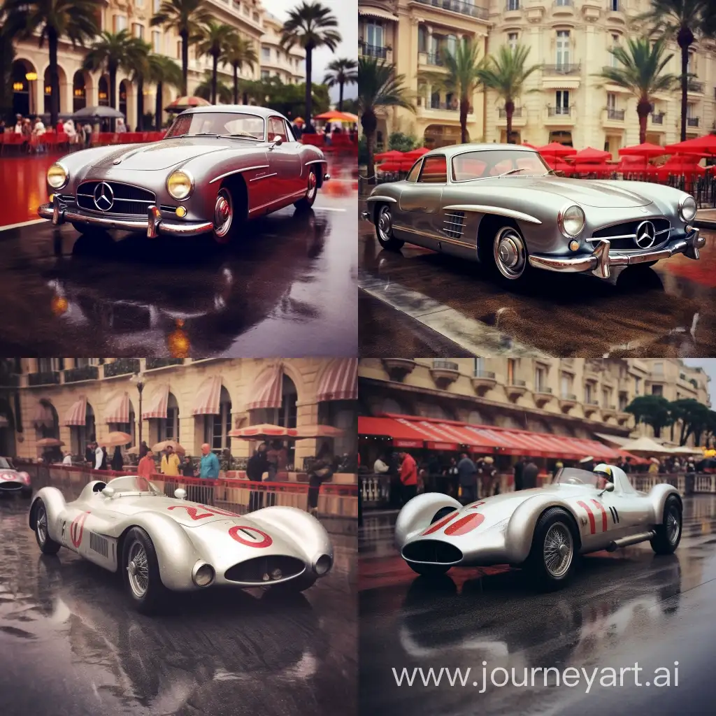 grey dirty car  Mercedes vintage 1950 f1  in Monaco under the rain vintage photo with old polaroid, a lot of color with red and blue reflection from the floor

