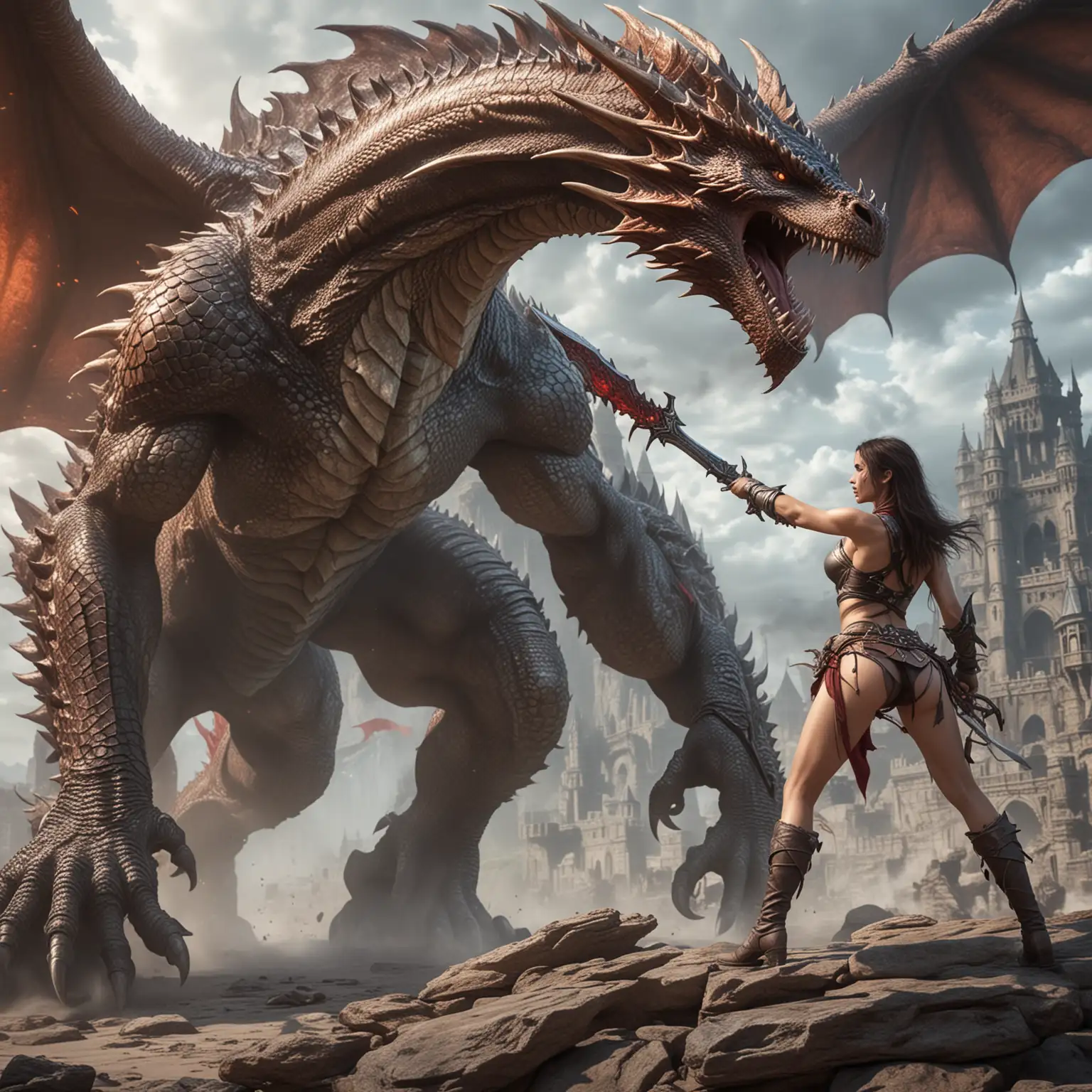 fantasy image of a female dragon slayer in skimpy clothes facing and fighting a giant dragon

