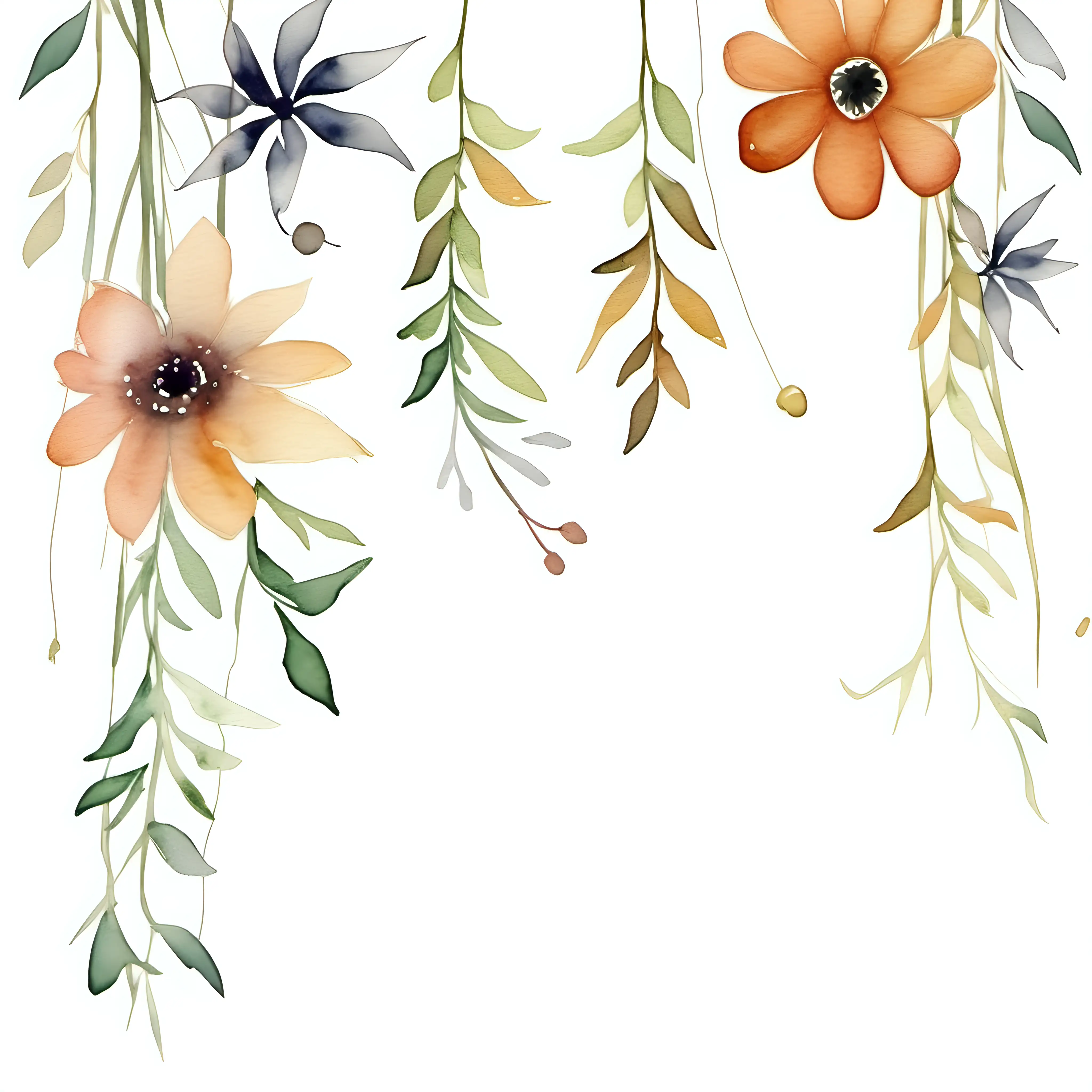 A string of flowers, boho style, watercolour, minimal, white background