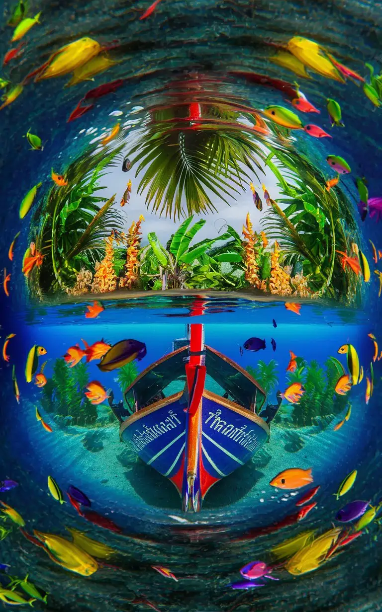 Thailand-Ocean-Palm-Garden-with-Underwater-Banana-Flower-and-Fish-Boat