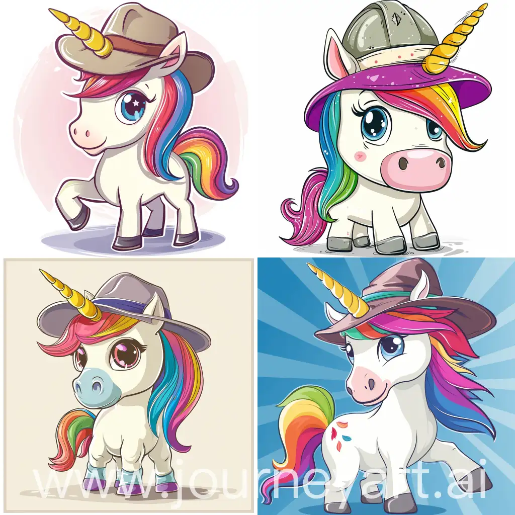 Cartoon of a Rainbow coloured unicorn with a cool hat 