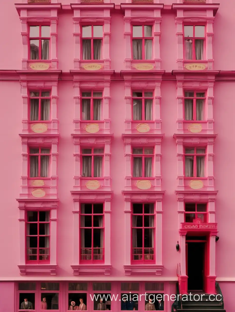 окна отеля гранд будапешт, и в окнах видны персонажи из фильмов уэса андерсона: лис, человек в красной шарке, дворецкий и тд