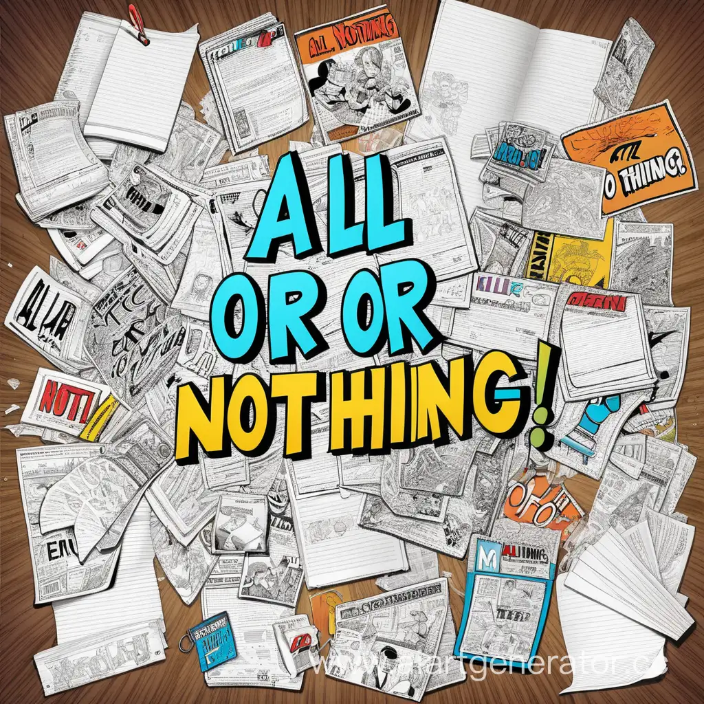 постер с надписью "all or nothing" на офисной доске среди других бумаг. стиль комикс
