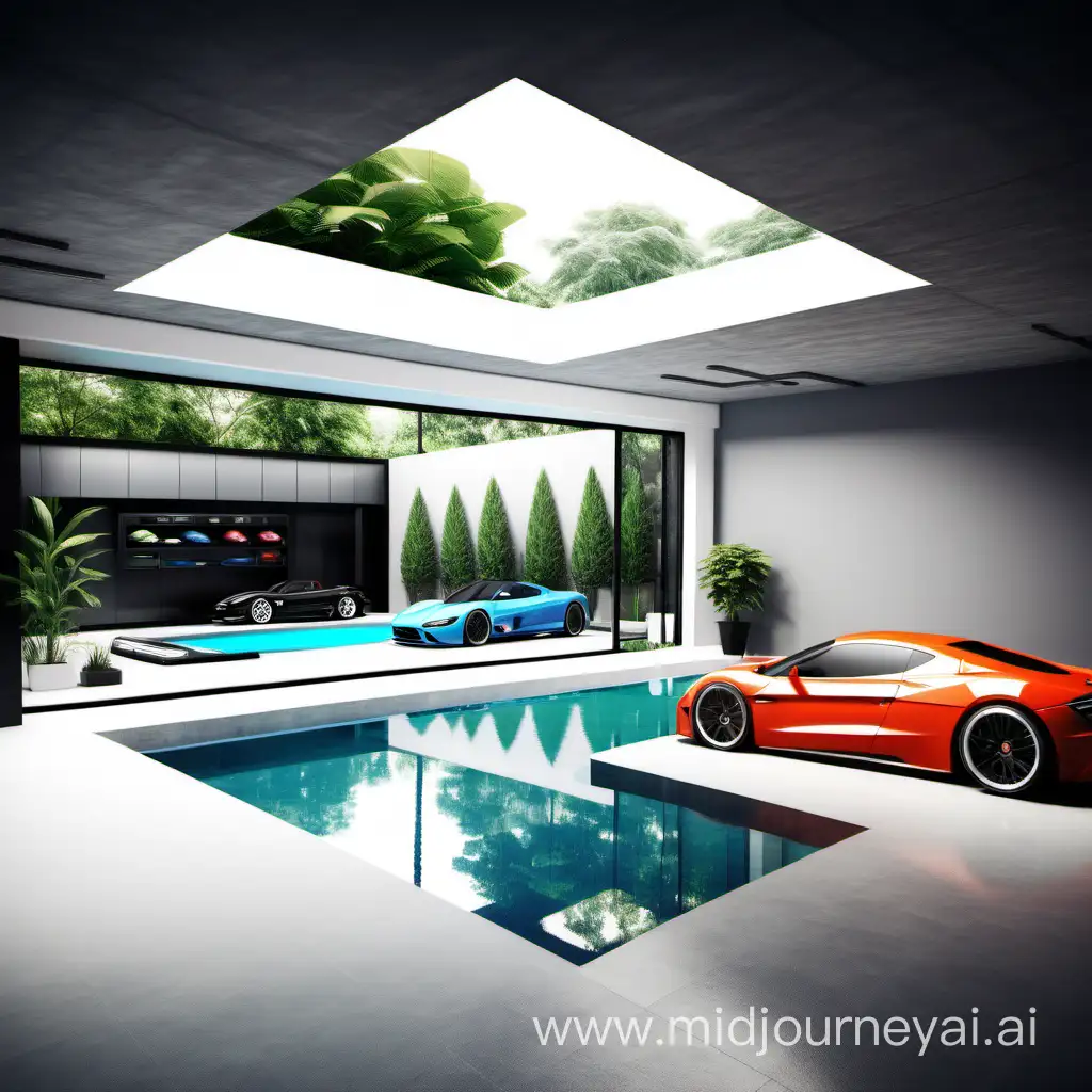 Luxury Sports Car Showroom with Open Garden Swimming Pool