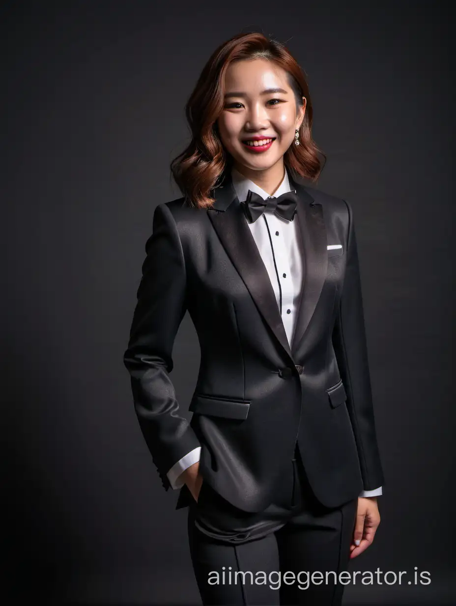 A smiling and laughing Chinese woman with shoulder length hair and lipstick is wearing a tuxedo. She is standing in a darkened room. Her jacket is black. (Her jacket is open.) Her pants are black. Her bowtie is black. Her shirt is white with black cufflinks.