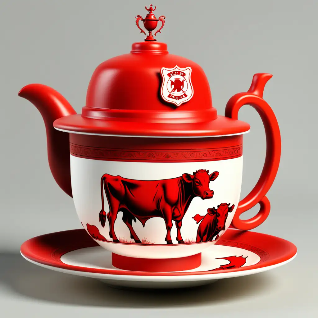design of a teaset cattle , socer and cup make cattle bigger close a top fire brigate  cap  for the cattle detailed drawing red  colors avoid cow images on the set

