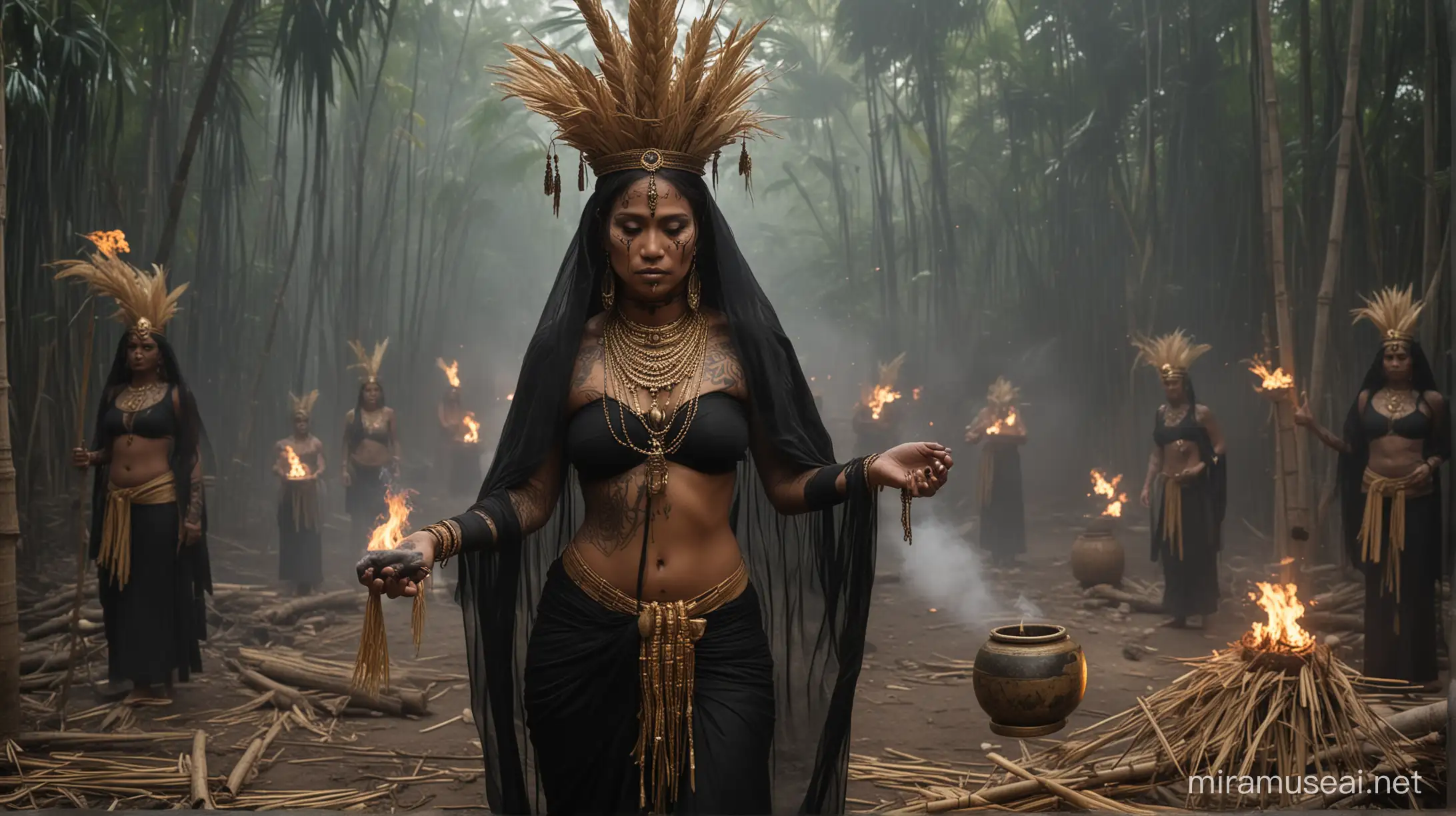 A precolonial Filipino shamanic priestess with dark tattooed skin, she wears ethnic gold jewelry, she carries a clay jar full of smoke, her eyes are white as if possessed, and she is covered in a sheer black veil, she is surrounded by dancing priestesses carrying bundled straw hays, they are performing a ritual in front of a makeshift bamboo altar with woven palm leaves and torches, night scene, cinematic