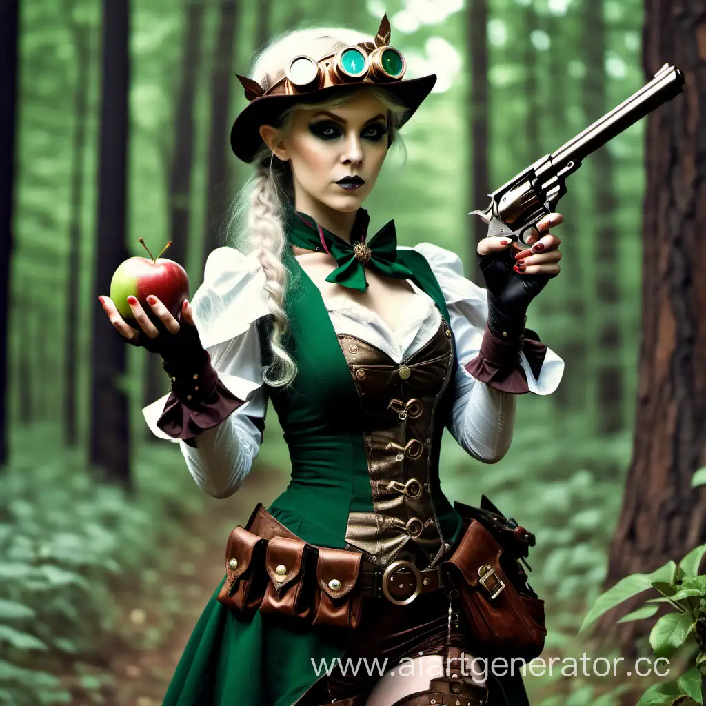 elf, Steampunk style, holds an apple in her left hand, shoots from a revolver, forest