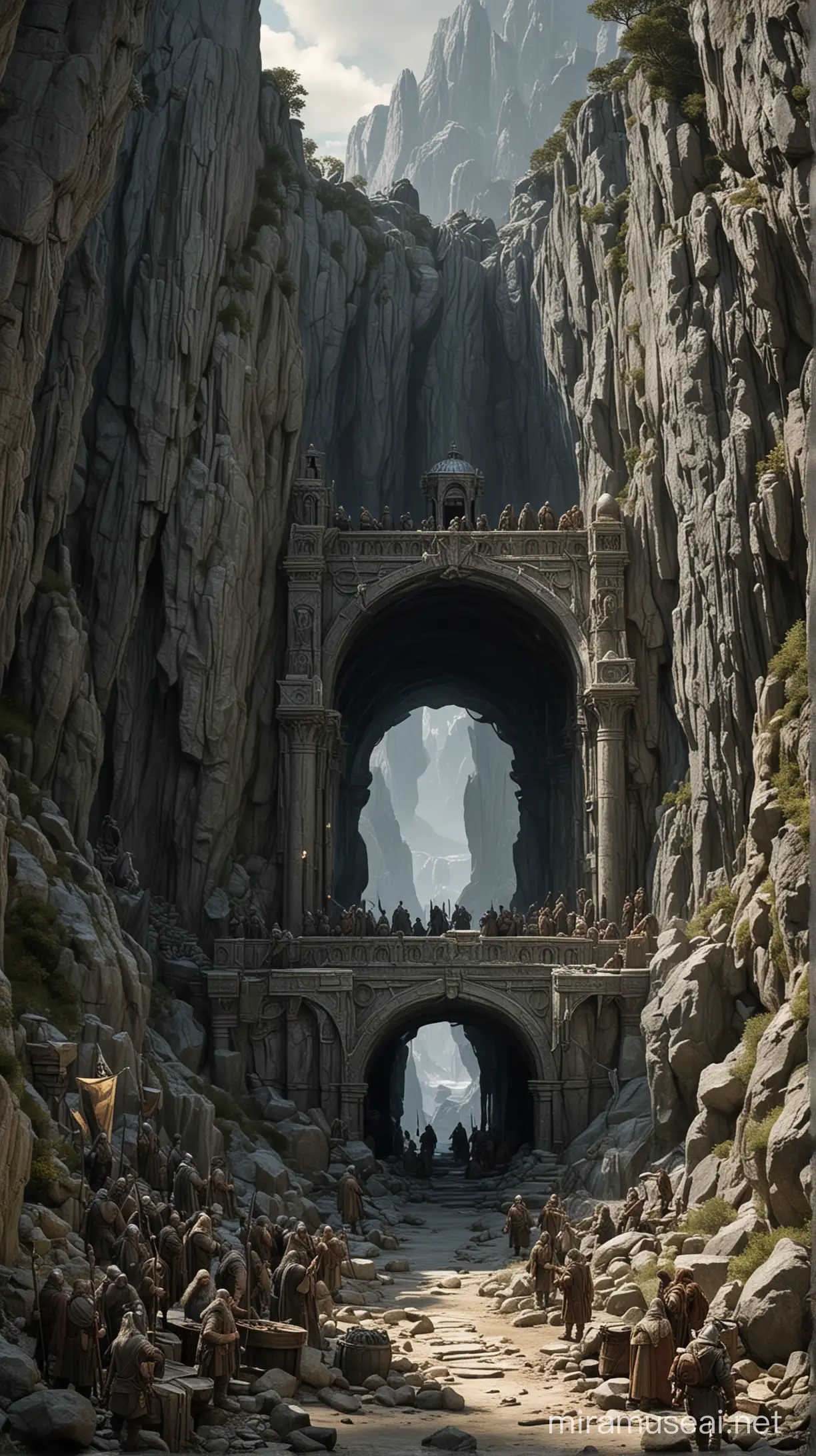 mines of moria in Carpathean mountains with dwarves outside