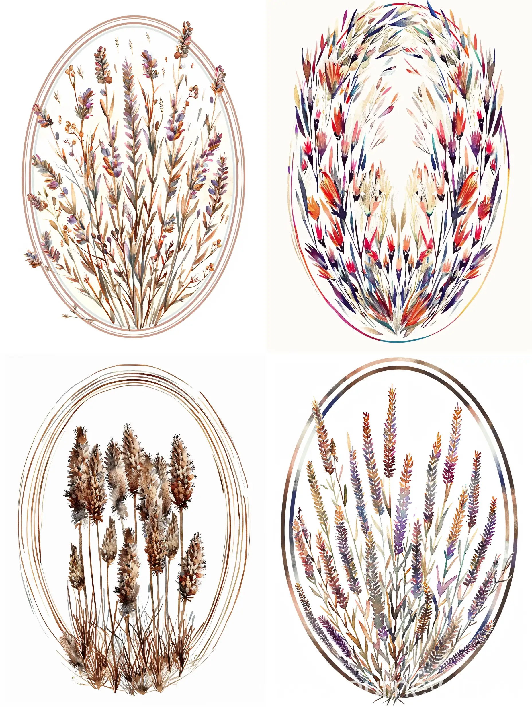 a lot of spikelets, wildflowers, form an oval stripe frame, oval lines, lots of details, on a white background, flat illustration, watercolor style