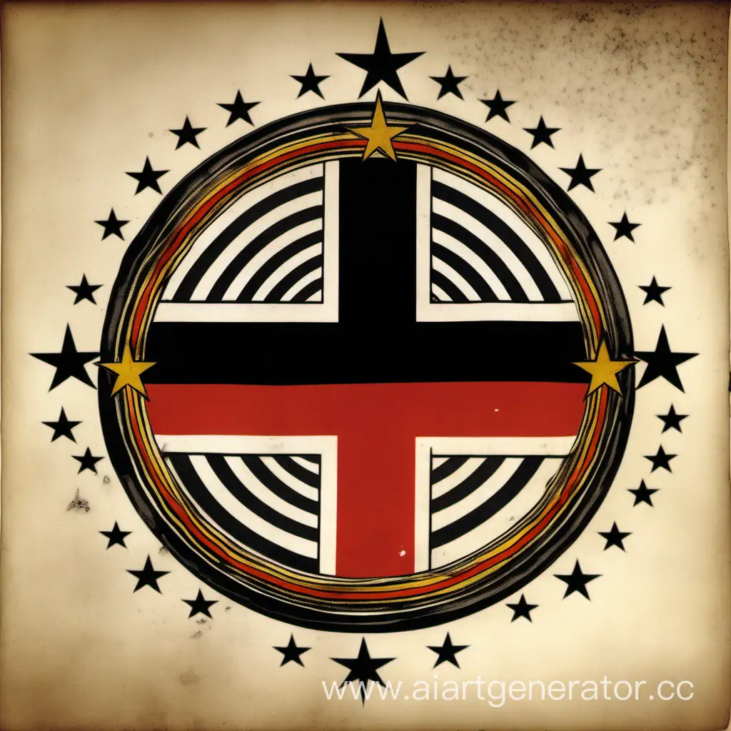 Красная полоса сверху, белая полоса по середине, чёрная полоса снизу, триколор, большая чёрная звезда в центре, небольшие звезды образующие круг близко к центру, флаг германской империи 