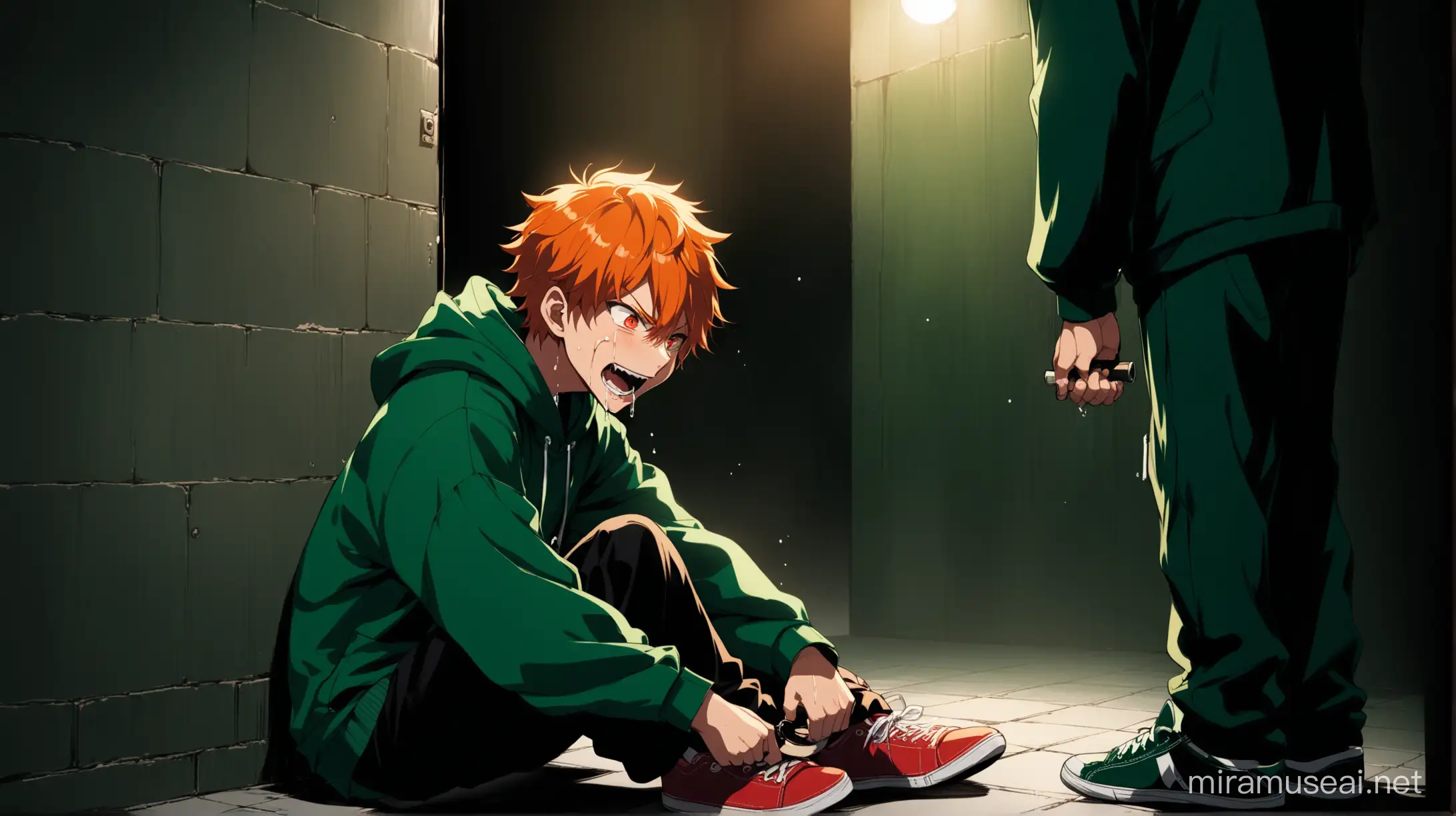 A side view  image of two anime characters in which a boy is been trapped and handcuffed by a criminal. The boy is screaming and crying and is orange headed, orange eyes, dark green hoodie, tall, handsome and is sitting on the floor of a underground secret room. The criminal is dark green headed, evil, evil smile, red bright eyes, badass, tall, wearing dark green hoodie with red inner shirt collars, green sneakers. The criminal is  touching the boys chin with a baseball bat and bending to talk with the boy. The boy is sitting on the floor handcuffed, crying, staring at the eyes of the criminal. The boy and the criminal are sitting in an underground secret room with dark green contrasts and vibe. The criminal is evil smiling and harrassing the boy with a baseball bat. The boy is crying.