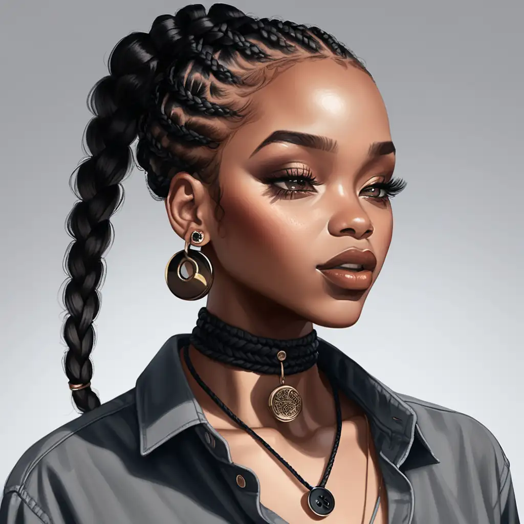 Stylish Black Woman with Braided Hair and Choker Necklace in ButtonUp Shirt