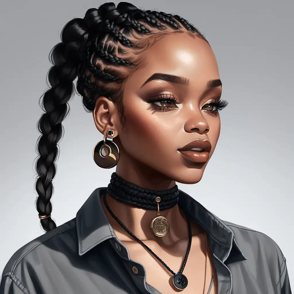 Black woman, long braided hair, wearing a black choker necklace and a button-up shirt