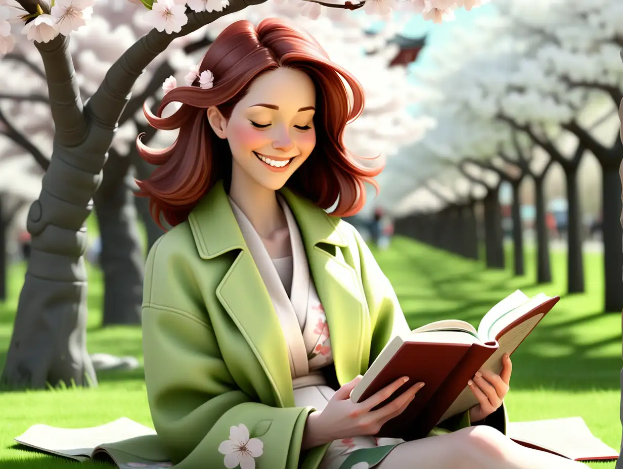 Joyful Woman Immersed in Spring Reading Amidst Cherry Blossoms