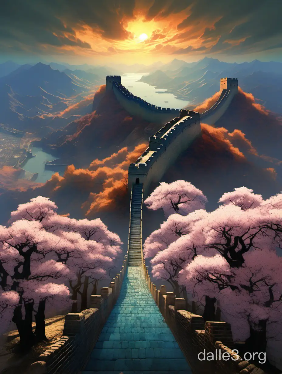 Spring is coming, make way for spring, trees, the Great Wall, the little nations, fall into the blue sea by hiroshi yoshida, marc simonetti, roger deakins, turner, rothko, hyperrealistic, cinematic, rock plateau, dramatic stormy scene, desert sunset, matte painting, fluid simulation, tonalism, volumetric light, trending on artstation, cgsociety, high detail concept art, top view