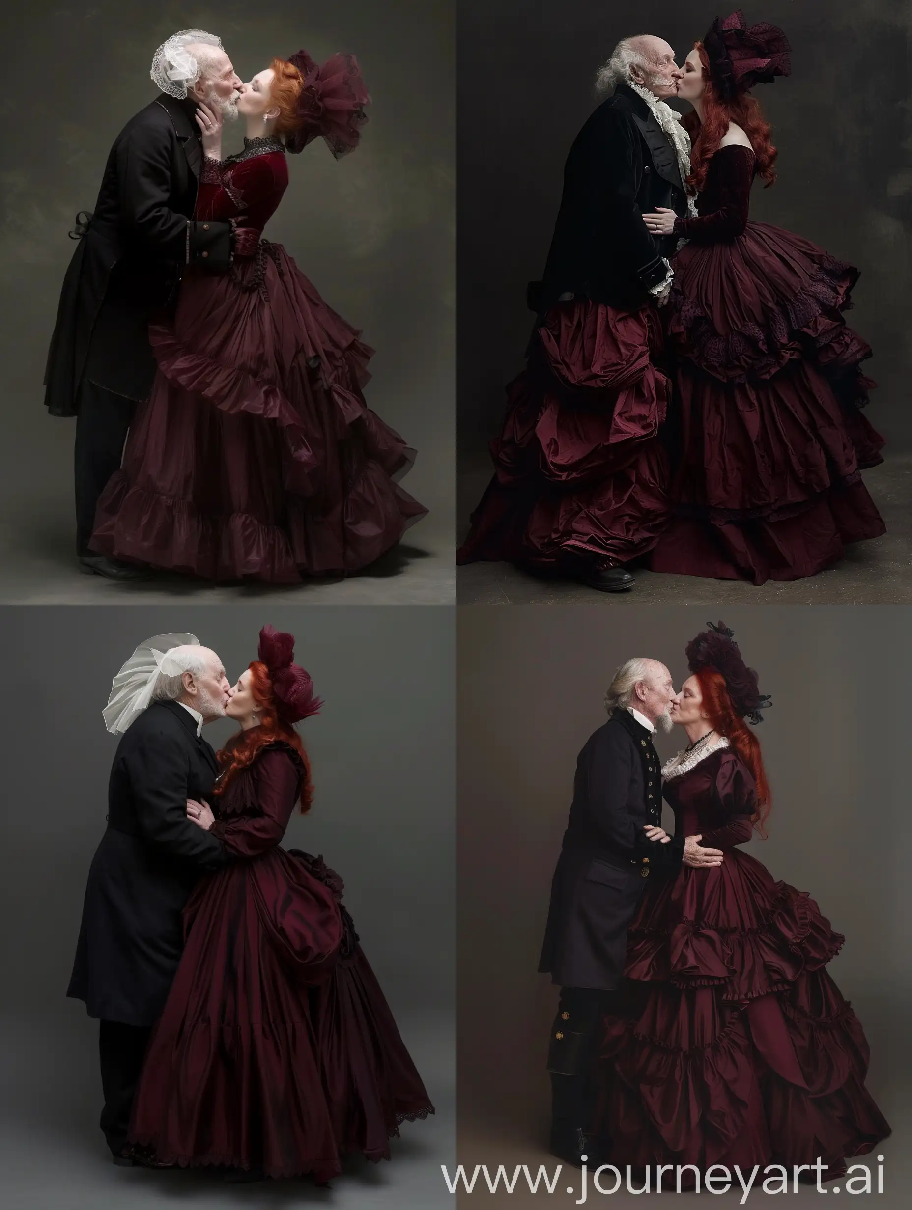 red hair Gillian Anderson wearing a dark crimson floor-length loose billowing 1860 Victorian crinoline dress with a frilly bonnet kissing an old man dressed in a black Victorian suit who seems to be her newlywed husband