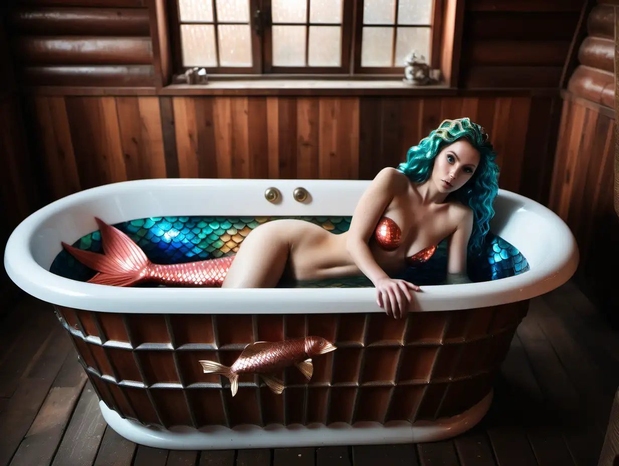 Mermaid Fantasy Nude Woman in Metallic Mermaid Costume in Wooden Bathtub