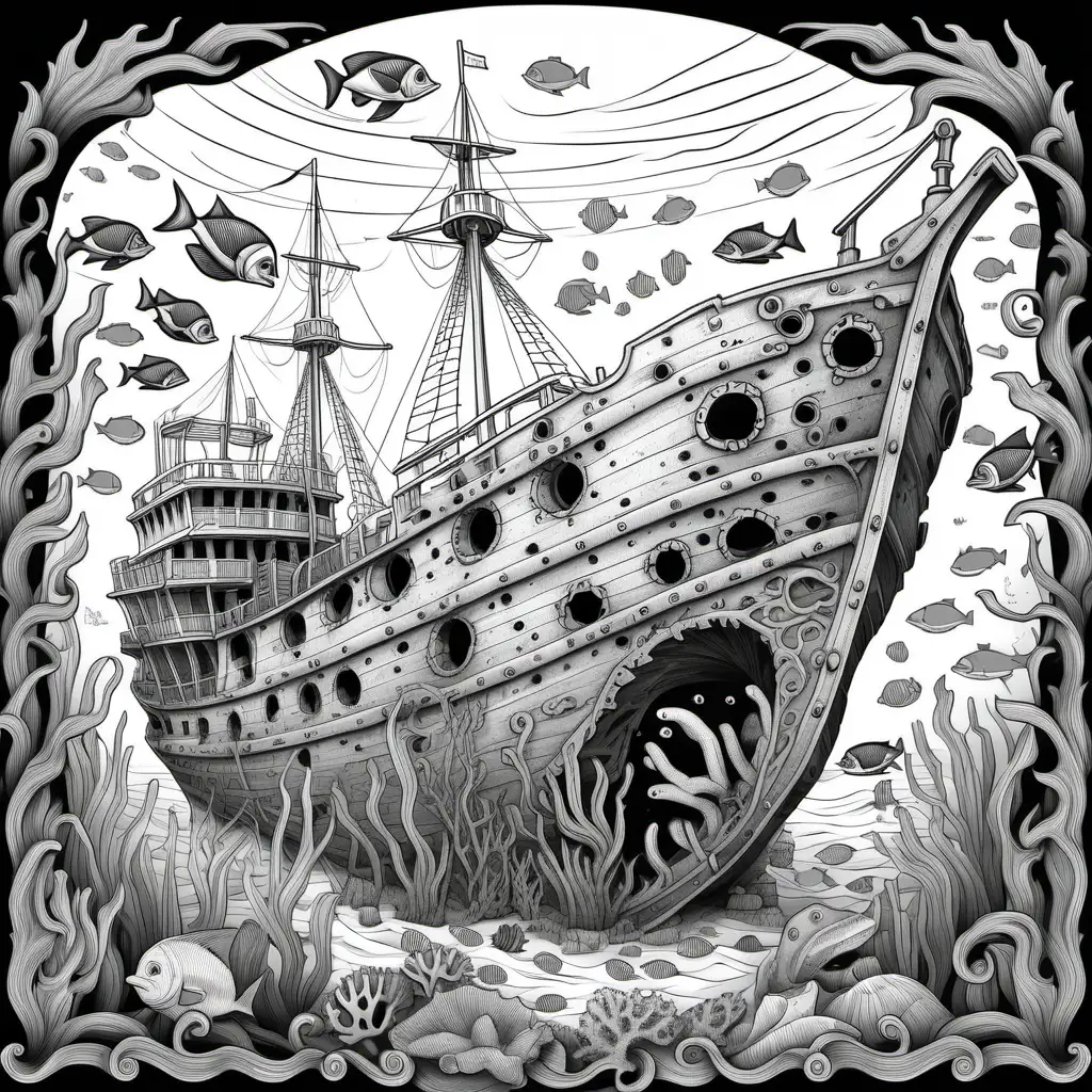 Detailed Black and White Adult Coloring Book Old Shipwreck Amid Marine Life