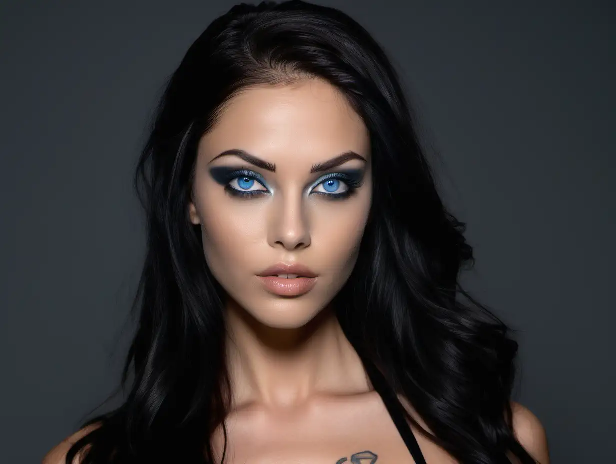 a symmetrical face with high cheekbones, a strong jawline, and almond-shaped blue eyes. eyebrows are well-defined and arched, enhancing her expressive eyes. smokey eye makeup, that further accentuates her eyes' shape and color. WIth tattoos. hair is typically long, flowing, and dark brunette, often styled in loose waves or straight. She occasionally experiments with different hair colors and styles, but her signature look is her long, dark hair.smooth, olive complexion which she often pairs with a natural or bronzed makeup look, highlighting her features without appearing overdone.lips are full and well-defined, often accentuated with lipstick shades ranging from natural pinks to bold reds, depending on the occasion.glamorous and edgy toned and slender physique, which is often highlighted in her choice of attire, whether it be on the red carpet or in casual settings. Dressed in black latex in LA. camera 50mm lense. 