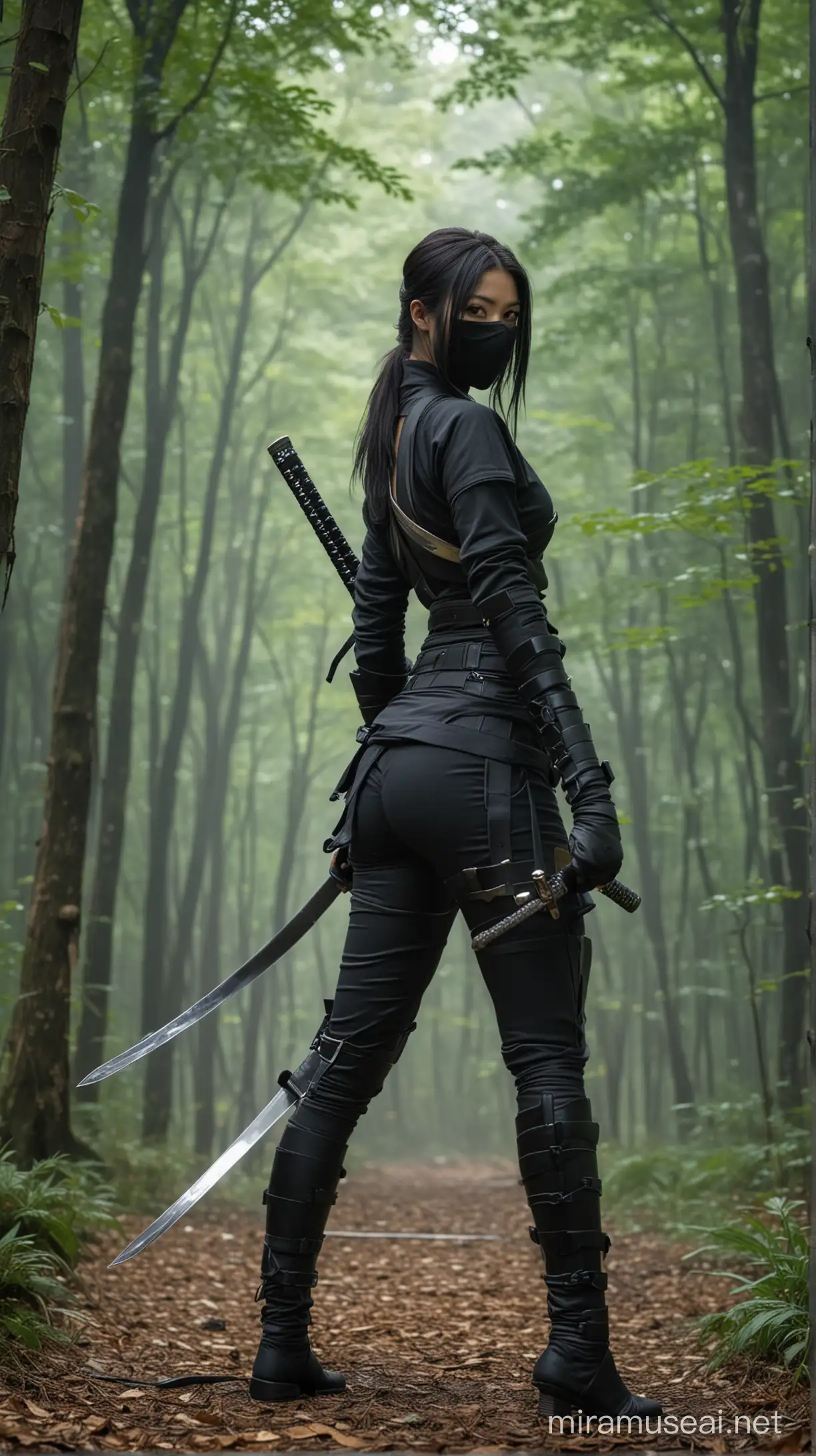 highest definition photography, fictional figure of female ninja, beautiful, sexy, wearing full tight ninja costume, katana sword, green forest, dense, quiet, cloudy weather as background